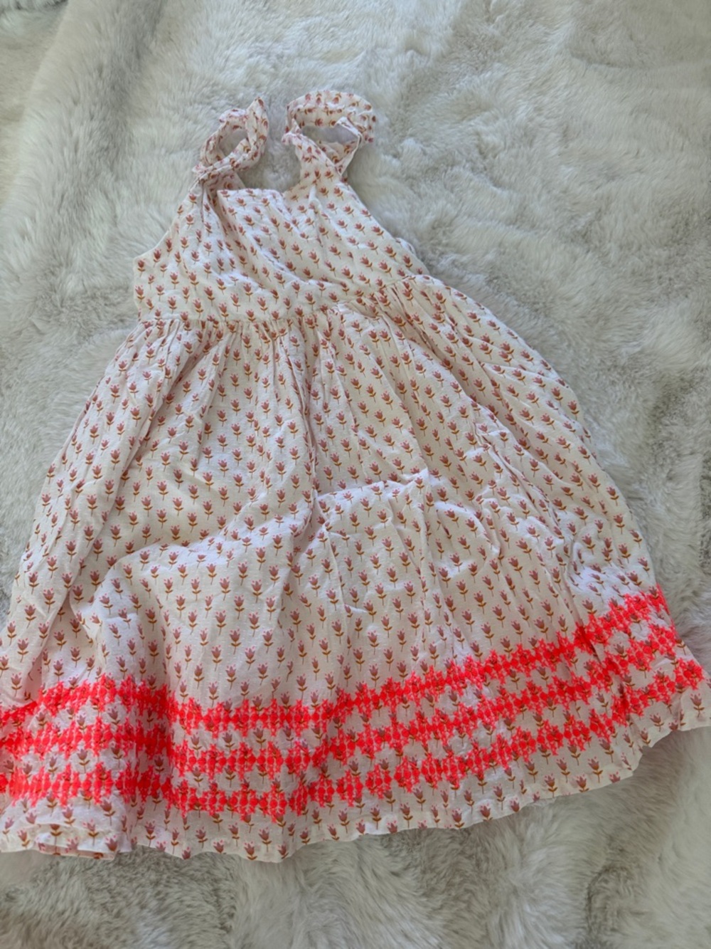 Mini Boden White Dress with Coral and Gold Floral Accents